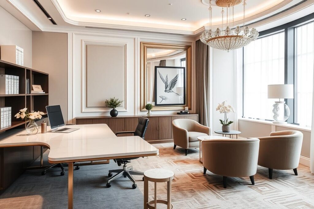 Office with distinct work and meeting zones featuring glamorous touches Office with distinct work and meeting zones featuring glamorous touches