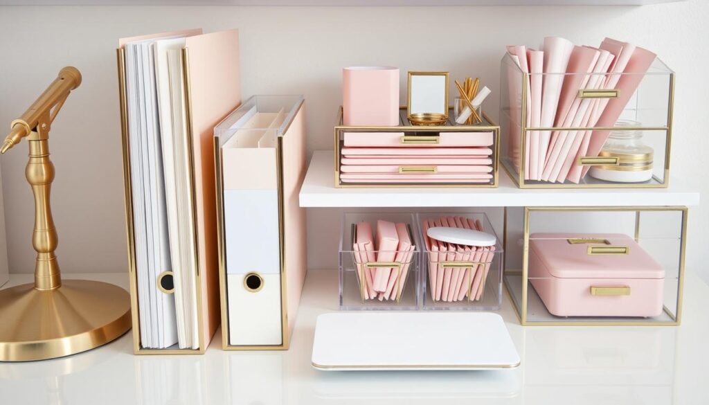 Organized glamorous desk with gold file holders, acrylic organizers, and color-coordinated supplies Organized glamorous desk with gold file holders, acrylic organizers, and color-coordinated supplies