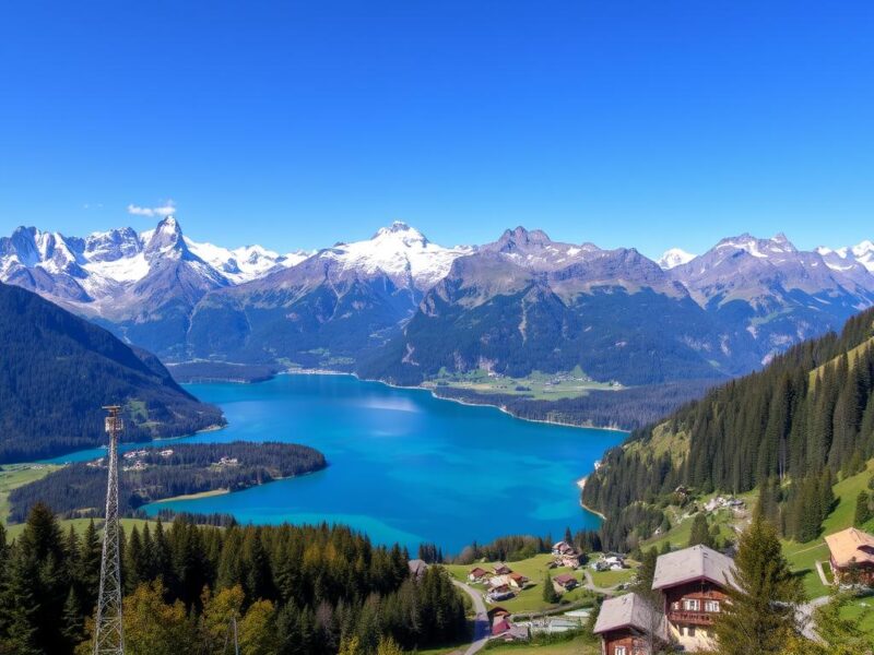 Panoramic view of the Swiss Alps with a lake and traditional Swiss village - 7-day Switzerland itinerary