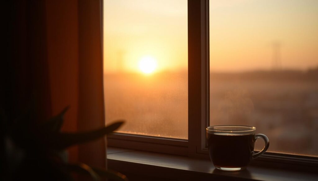 Peaceful sunset view with a cup of tea, representing the calm of slow living lifestyle Peaceful sunset view with a cup of tea, representing the calm of slow living lifestyle