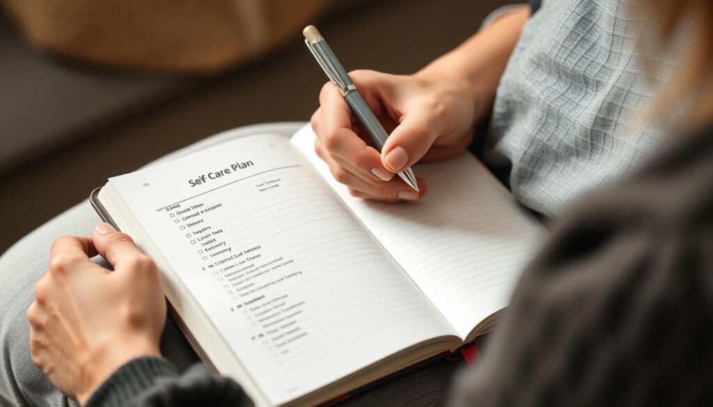 Person creating a simple self-care plan in a journal, illustrating practical approach to self-care myths Person creating a simple self-care plan in a journal, illustrating practical approach to self-care myths