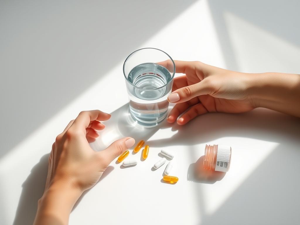 Person drinking water and taking medication, representing basic self-care myths about fundamental needs Person drinking water and taking medication, representing basic self-care myths about fundamental needs
