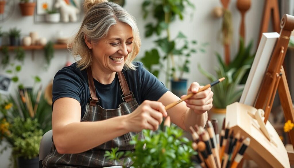 Person engaging in a creative hobby for burnout recovery Person engaging in a creative hobby for burnout recovery