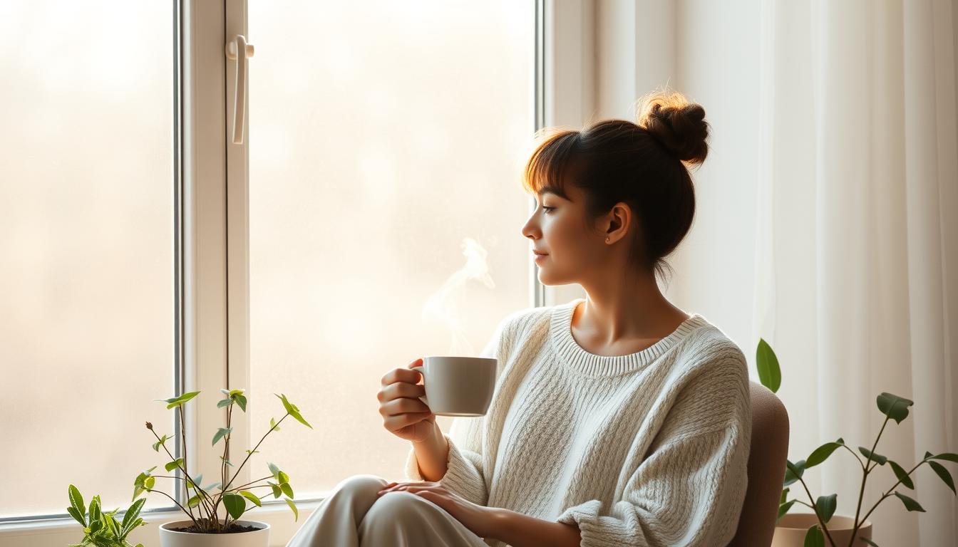 Person enjoying a slow morning with coffee by a window with natural light - slow living lifestyle concept