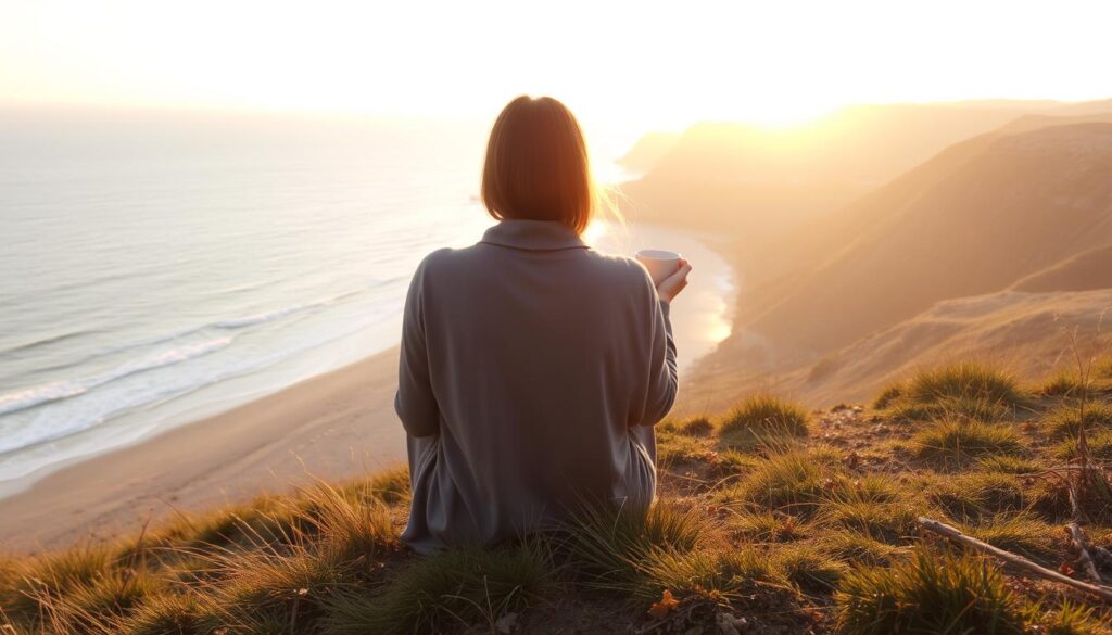 Person enjoying a sunrise, representing the clarity and presence gained through the sober curious lifestyle Person enjoying a sunrise, representing the clarity and presence gained through the sober curious lifestyle
