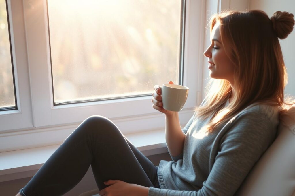 Person enjoying coffee by the window without phone during 10-minute morning routine Person enjoying coffee by the window without phone during 10-minute morning routine
