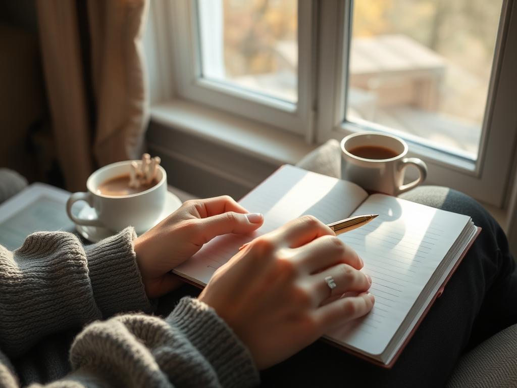 Person journaling with a cup of tea as part of their 10-minute morning routine Person journaling with a cup of tea as part of their 10-minute morning routine