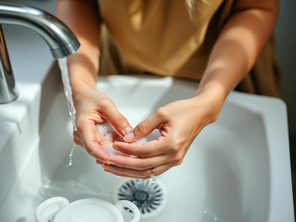 Person mindfully washing dishes, fully present in the task - living in the moment in slow living lifestyle Person mindfully washing dishes, fully present in the task - living in the moment in slow living lifestyle