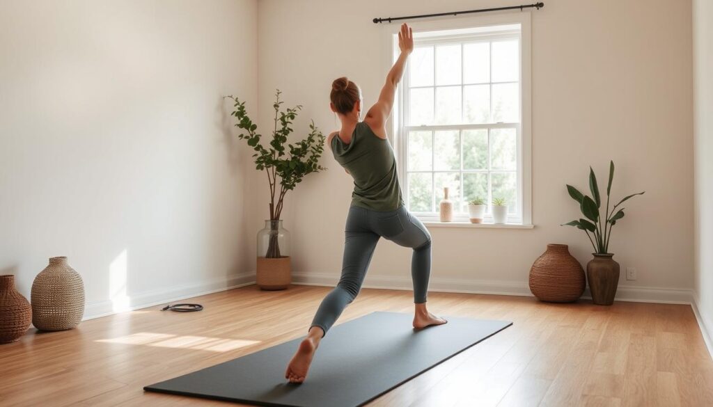 Person practicing gentle yoga in a peaceful space - mindful movement in slow living lifestyle Person practicing gentle yoga in a peaceful space - mindful movement in slow living lifestyle
