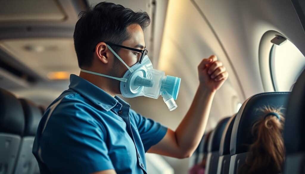 Person putting on oxygen mask in airplane, metaphor for self-care myths about helping yourself before others Person putting on oxygen mask in airplane, metaphor for self-care myths about helping yourself before others