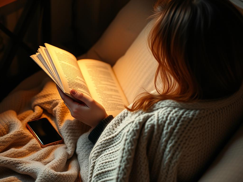Person reading a physical book in a cozy corner, phone turned off nearby - digital detox for slow living lifestyle Person reading a physical book in a cozy corner, phone turned off nearby - digital detox for slow living lifestyle