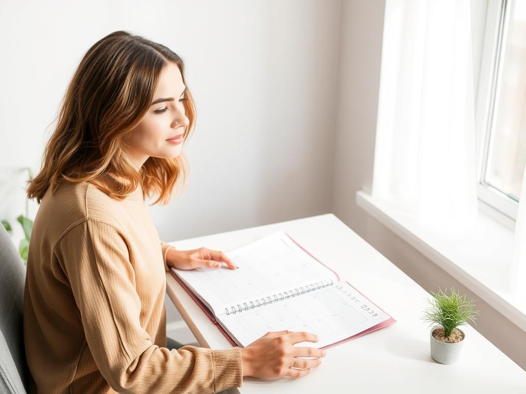 Person reviewing planner and visualizing day ahead during 10-minute morning routine Person reviewing planner and visualizing day ahead during 10-minute morning routine