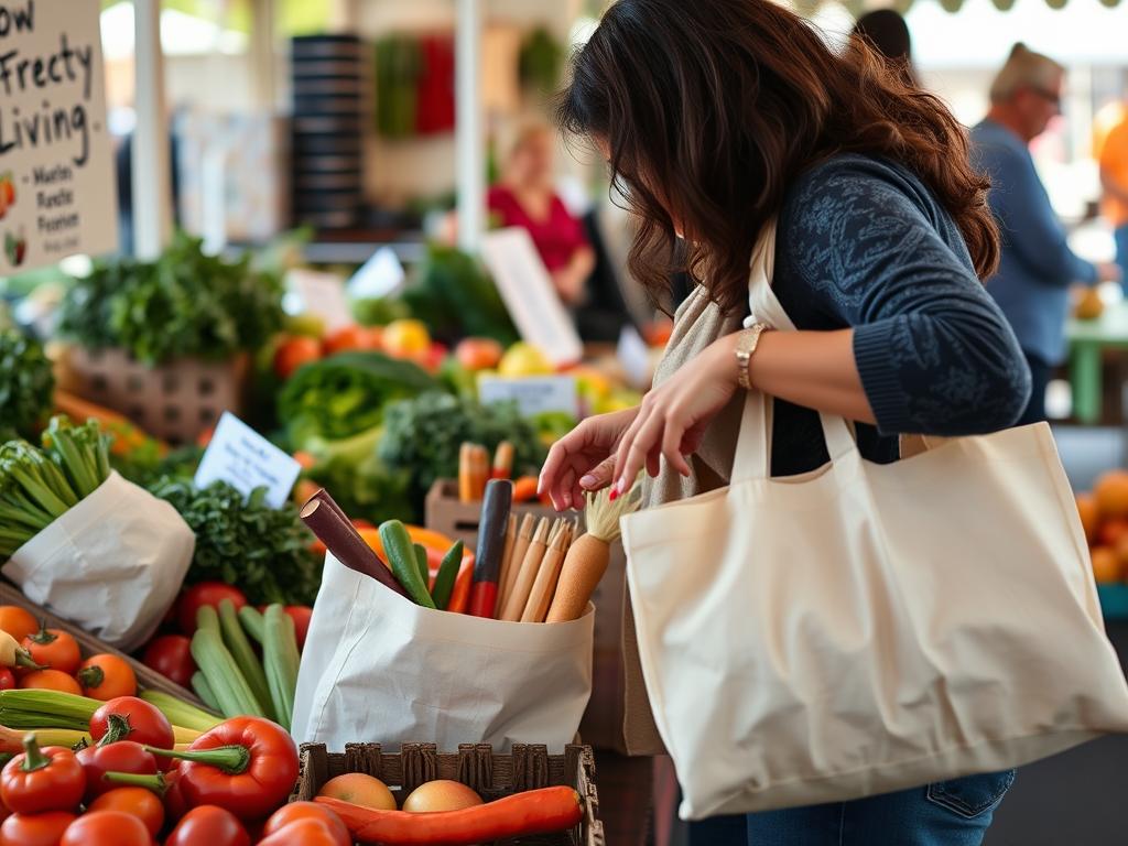 Person shopping at a local farmers market, selecting fresh produce - intentional consumption in slow living lifestyle Person shopping at a local farmers market, selecting fresh produce - intentional consumption in slow living lifestyle