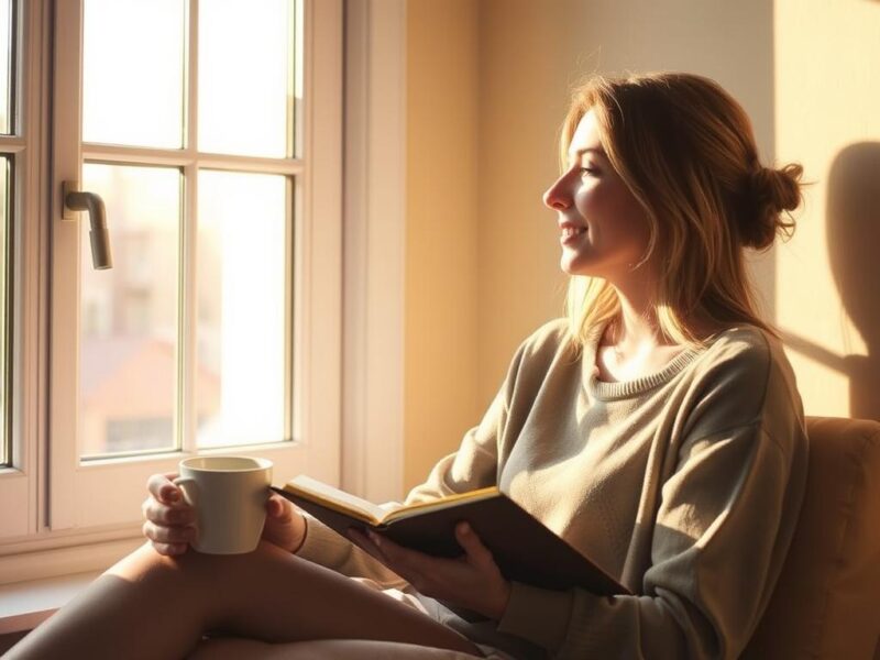 Person sitting peacefully by a window with a journal, taking the first step in burnout recovery