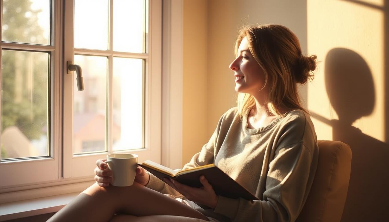 Person sitting peacefully by a window with a journal, taking the first step in burnout recovery