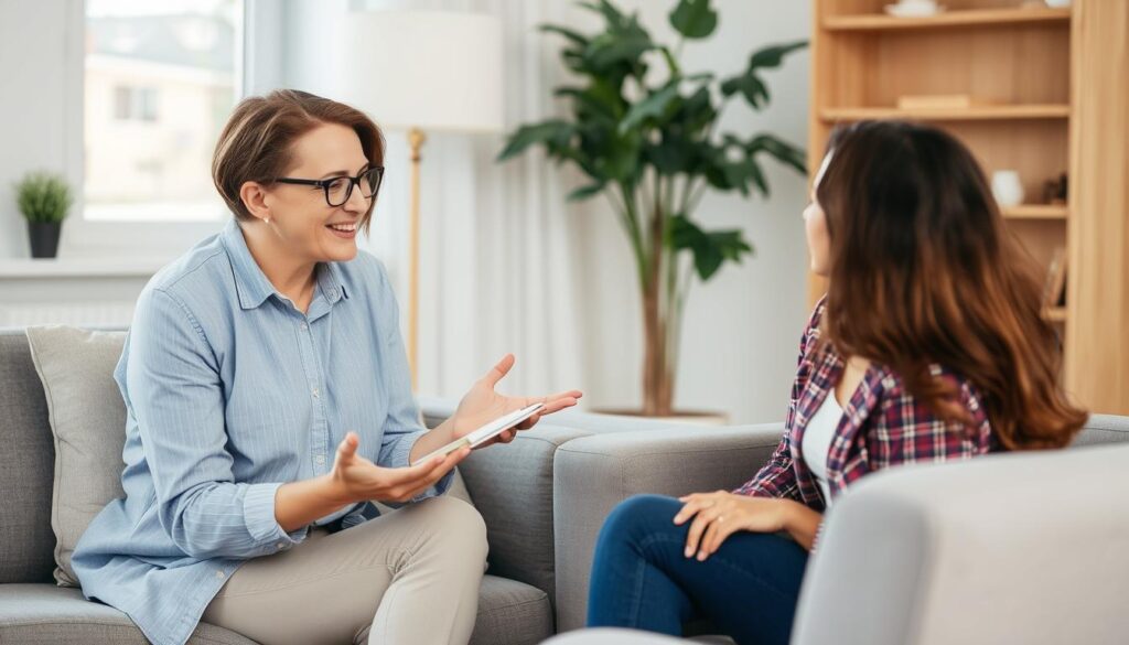 Person speaking with a therapist about burnout recovery Person speaking with a therapist about burnout recovery