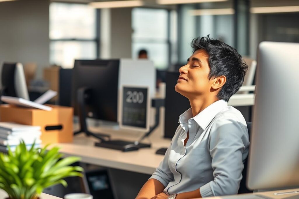 Person taking a mindful moment at desk with timer showing 2 minutes, illustrating self-care myths about time requirements Person taking a mindful moment at desk with timer showing 2 minutes, illustrating self-care myths about time requirements