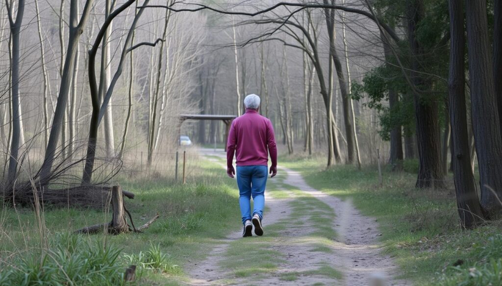 Person walking in nature, representing free self-care activities that counter self-care myths about expense Person walking in nature, representing free self-care activities that counter self-care myths about expense