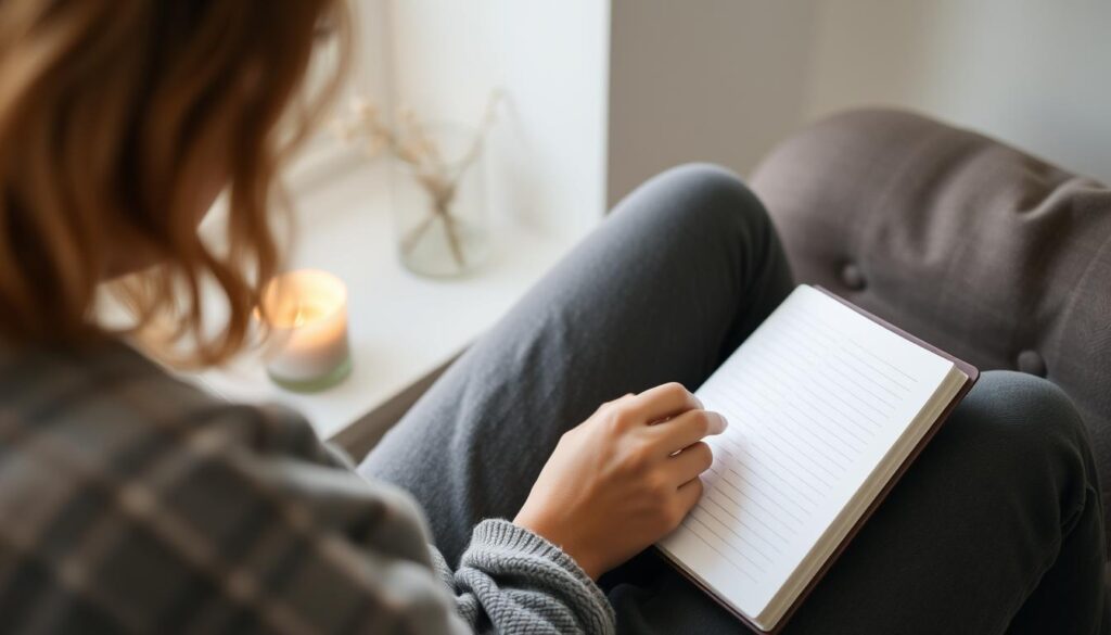 Person writing in a journal in a simple, calm space - beginning a slow living lifestyle journey Person writing in a journal in a simple, calm space - beginning a slow living lifestyle journey