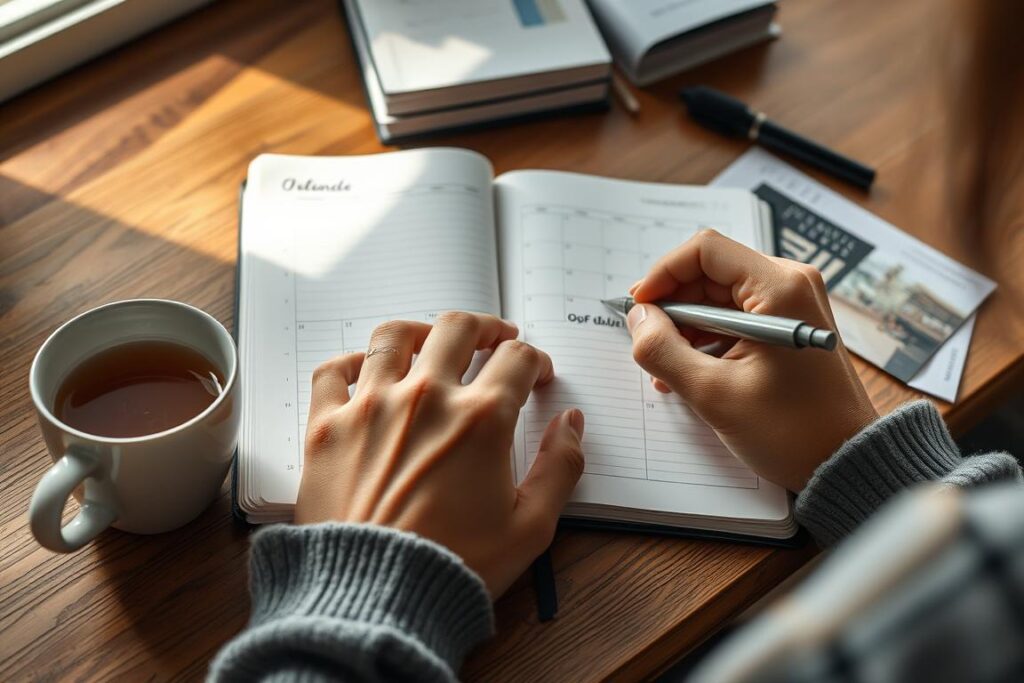 Person writing in a planner with a cup of tea, prioritizing tasks for slow living Person writing in a planner with a cup of tea, prioritizing tasks for slow living