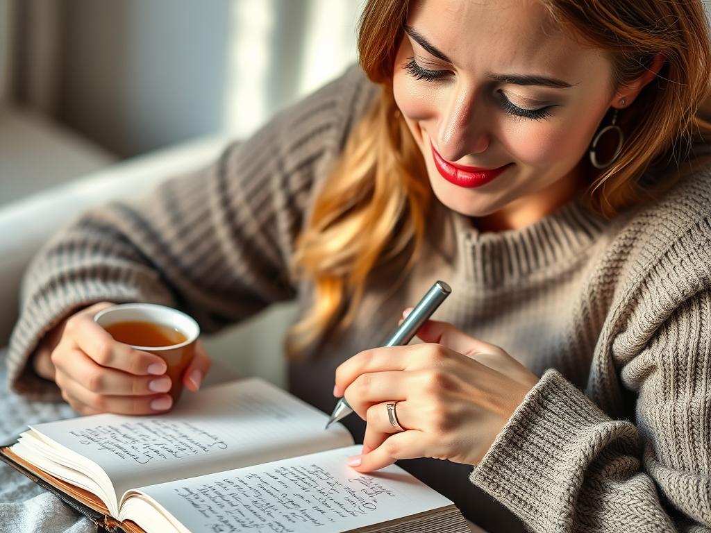 Person writing in gratitude journal during 10-minute morning routine Person writing in gratitude journal during 10-minute morning routine