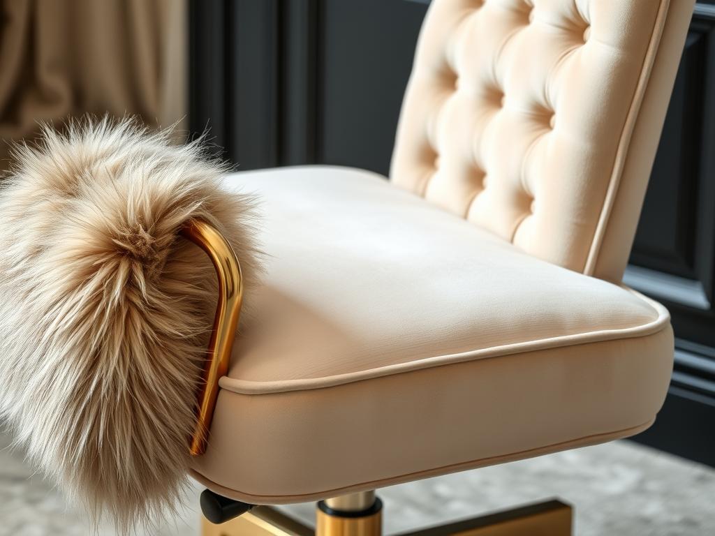 Plush velvet office chair with gold accents and faux fur throw Plush velvet office chair with gold accents and faux fur throw