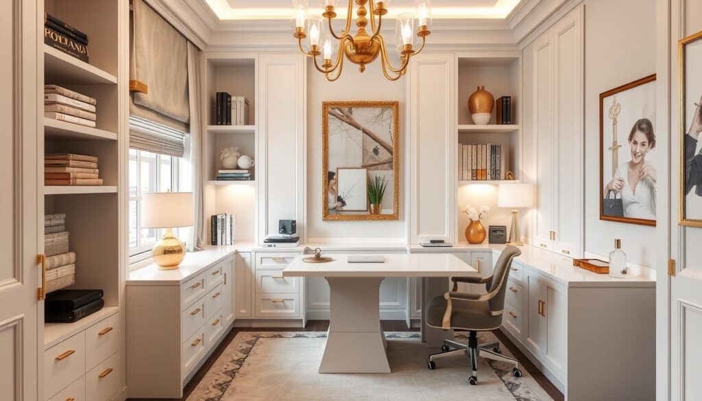 Professional yet glamorous office with balanced decor elements Professional yet glamorous office with balanced decor elements