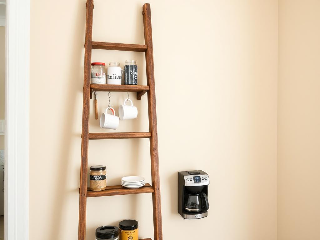 Repurposed vintage ladder as a farmhouse coffee bar space-saving solution Repurposed vintage ladder as a farmhouse coffee bar space-saving solution