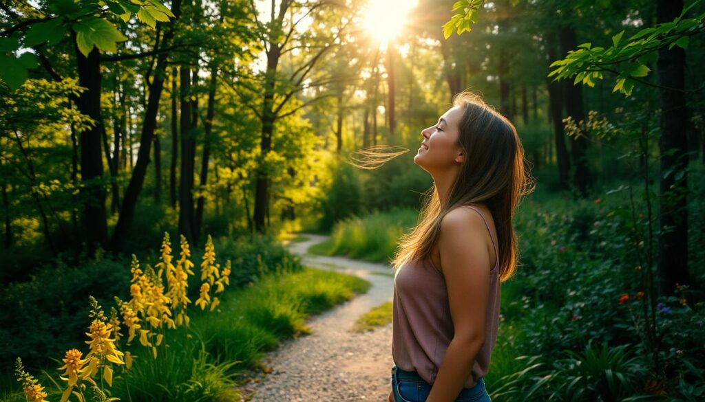 Serene morning in a lush forest clearing, golden sunlight filtering through the canopy, casting a warm glow on a woman taking a deep breath of fresh air, surrounded by vibrant greenery and wildflowers. A gentle breeze caresses her face as she stands on a winding path, basking in the tranquility of the natural setting. The scene exudes a sense of rejuvenation and connection with the outdoors, inviting the viewer to step into the frame and experience the revitalizing benefits of spending time in nature before the start of the day.