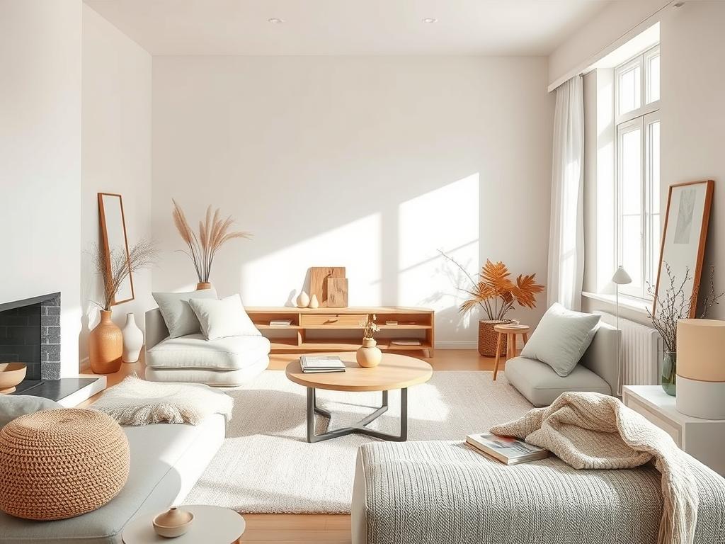 Simple living space with minimal decor, natural materials, and soft lighting - slow living lifestyle home Simple living space with minimal decor, natural materials, and soft lighting - slow living lifestyle home