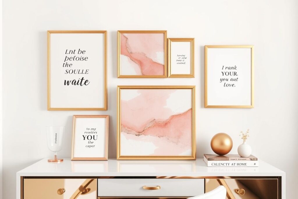 Small gallery wall with gold frames and inspirational art prints Small gallery wall with gold frames and inspirational art prints
