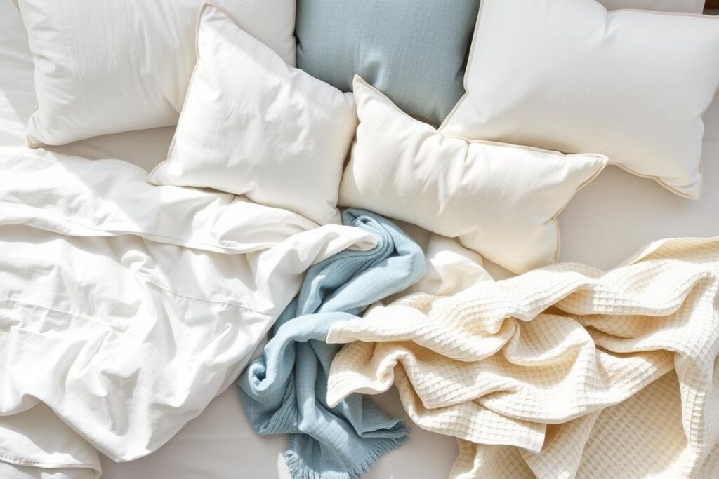 Summer coastal bedding color palette featuring whites, sand tones, and ocean blues Summer coastal bedding color palette featuring whites, sand tones, and ocean blues