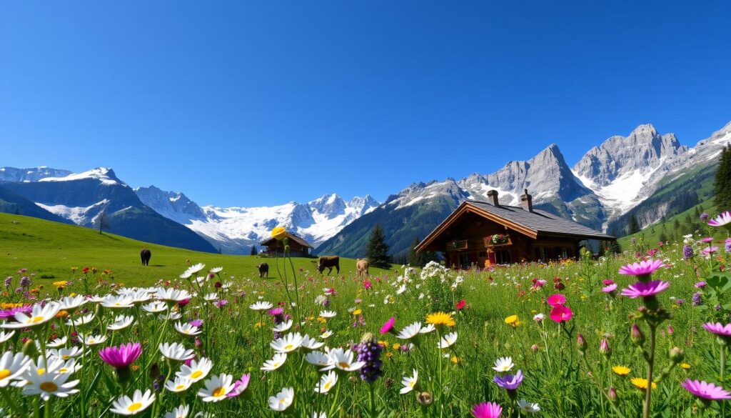 Swiss Alpine meadow with wildflowers and mountains in the background - 7-day Switzerland itinerary Swiss Alpine meadow with wildflowers and mountains in the background - 7-day Switzerland itinerary