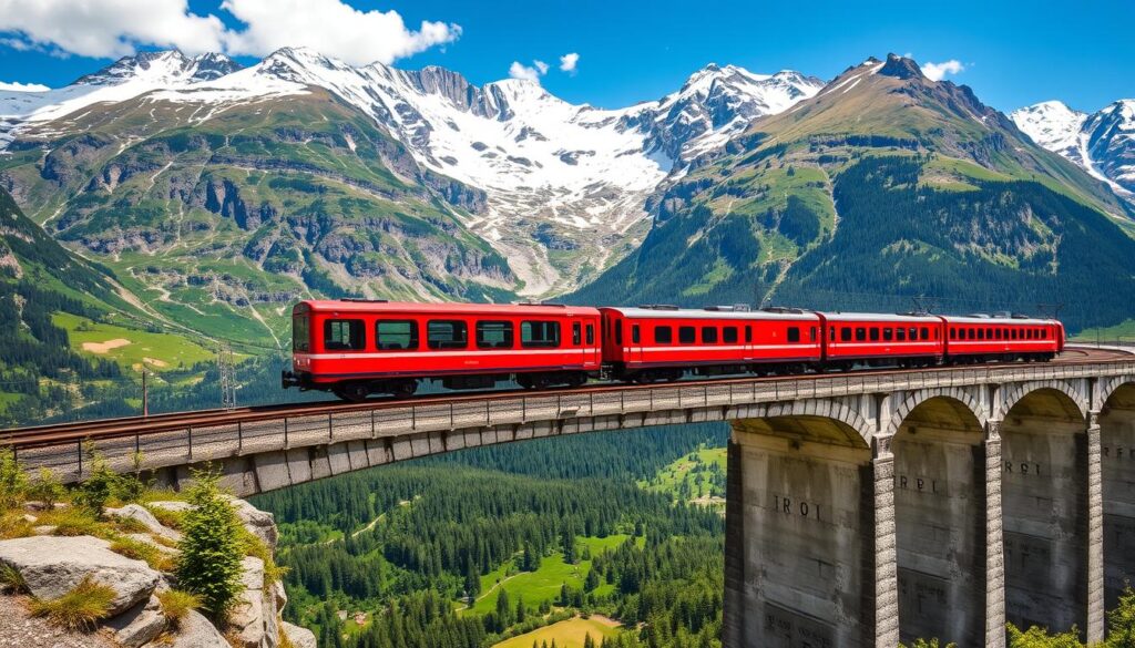 Swiss train passing through mountain scenery - 7-day Switzerland itinerary Swiss train passing through mountain scenery - 7-day Switzerland itinerary