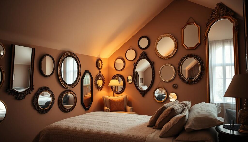 Warm, low-lit bedroom with a low, sloped ceiling. Elegant, wall-mounted mirrors in various shapes and sizes cover the walls, reflecting the soft light and creating an illusion of depth and spaciousness. Mirrors are strategically placed to maximize the sense of openness, with some positioned to reflect the windows and let in natural light. Plush, textured bedding and a cozy armchair contribute to the inviting, relaxing atmosphere. Subtle hints of gold, brass, or wood accents add a touch of luxury. The overall scene evokes a serene, spa-like ambiance that enhances the bedroom's intimate, cocoon-like feel.