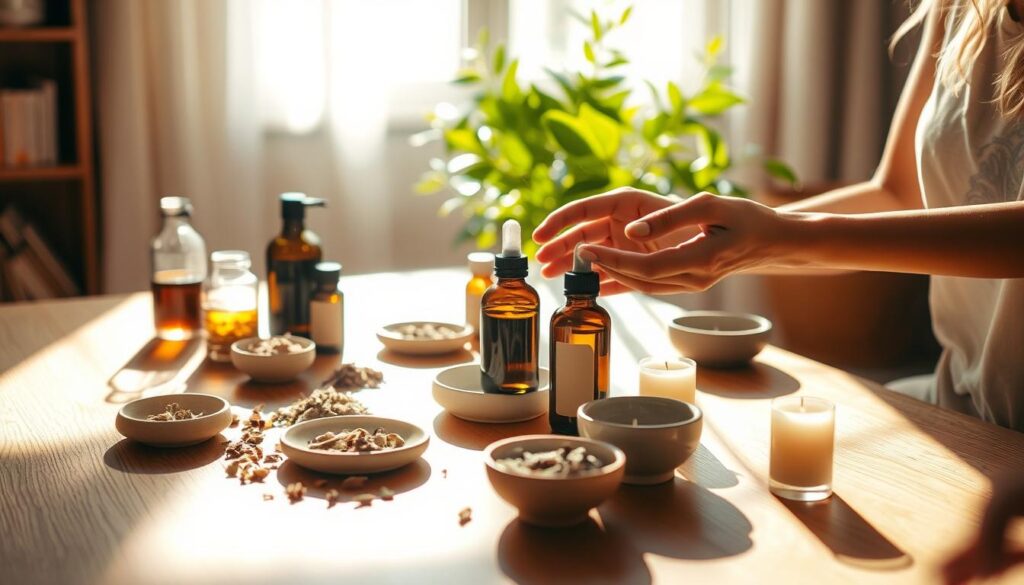 Warm morning light filters through a bright, airy room. On a wooden table, an array of glass bottles and ceramic dishes hold fragrant essential oils, dried flowers, and aromatic candles. A woman's hands carefully select and blend the oils, building a personalized ritual to invigorate the senses and calm the mind. Soft shadows cast by the materials create a meditative atmosphere, while a lush, verdant plant in the background speaks to the rejuvenating power of nature. The scene exudes a sense of mindfulness, self-care, and the grounding benefits of daily aromatherapy practices.