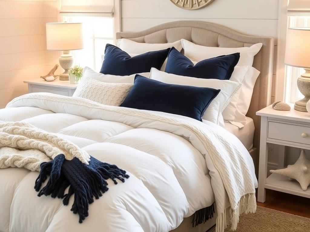 Winter coastal bedroom with plush white duvet, navy accents, and warm lighting Winter coastal bedroom with plush white duvet, navy accents, and warm lighting