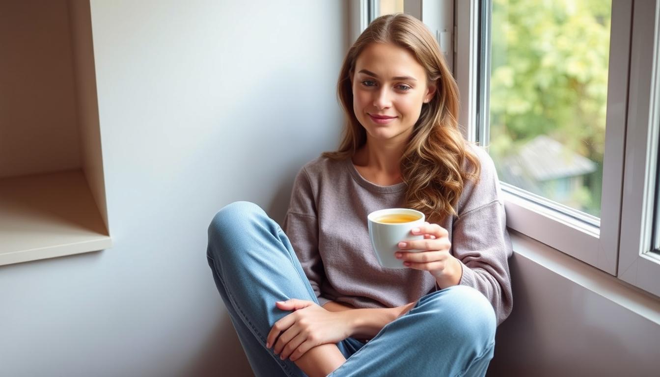 Woman relaxing with a cup of tea, representing realistic self-care myths versus Instagram-perfect self-care