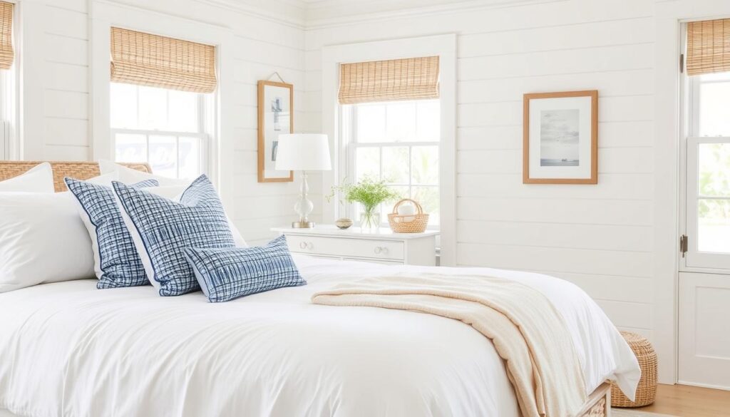 Year-round coastal bedroom with versatile white linens, blue accents, and natural textures Year-round coastal bedroom with versatile white linens, blue accents, and natural textures