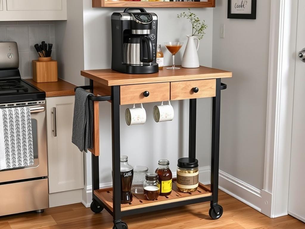 Yitahome rolling kitchen cart being used as a mobile farmhouse coffee bar Yitahome rolling kitchen cart being used as a mobile farmhouse coffee bar