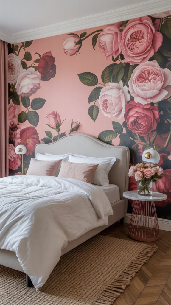 A bedroom featuring a floral pink mural with roses on the walls, a white bedspread, and a side table with flowers.