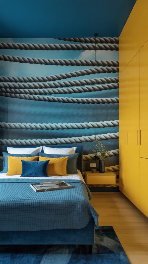A blue and yellow bedroom featuring an artistic wall mural with a textured rope design.