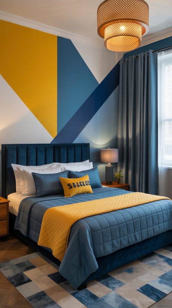 A blue and yellow bedroom featuring bold geometric patterns on the wall and bedding.