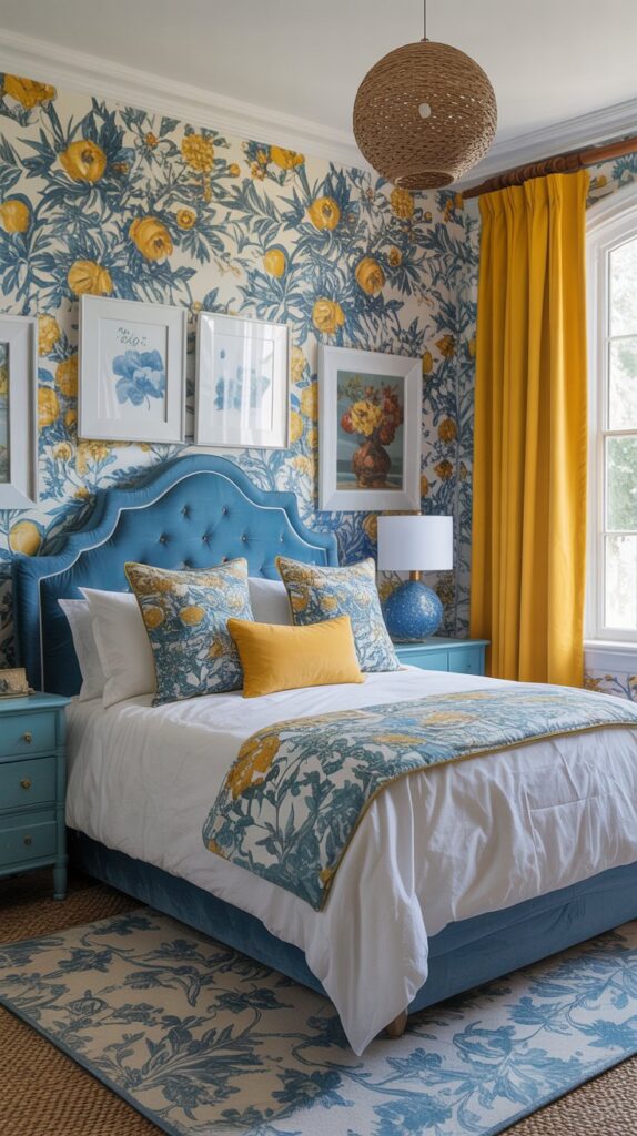 A bright and cheerful bedroom featuring floral wallpaper with blue and yellow accents, a cozy bed with patterned pillows, and bright yellow curtains.