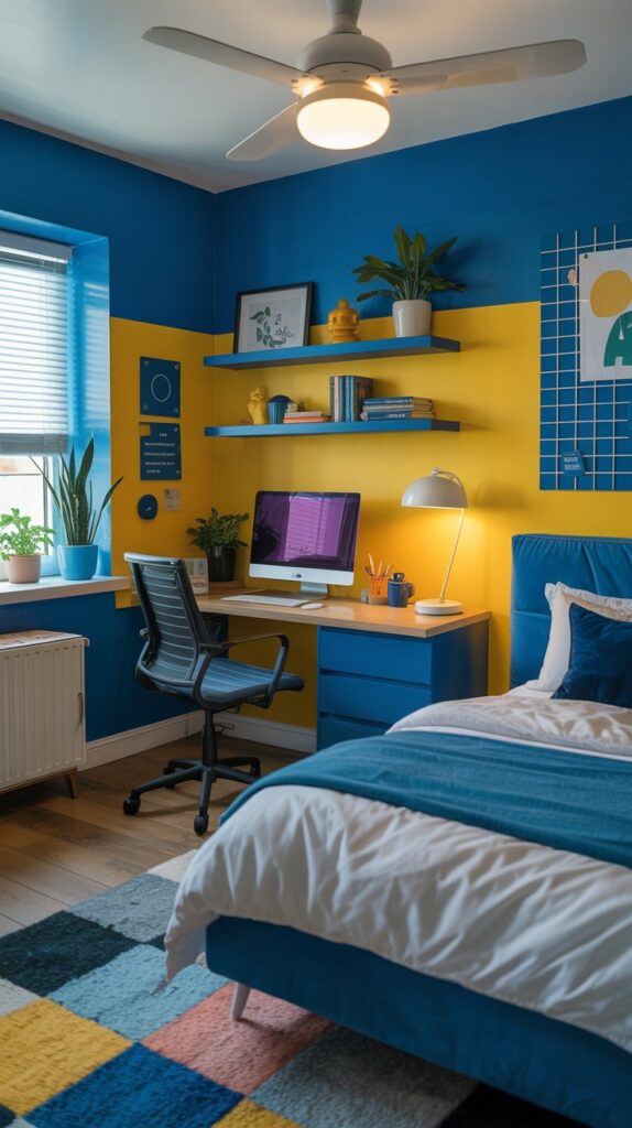A bright blue and yellow themed bedroom with a workspace featuring a desk, computer, and plants.