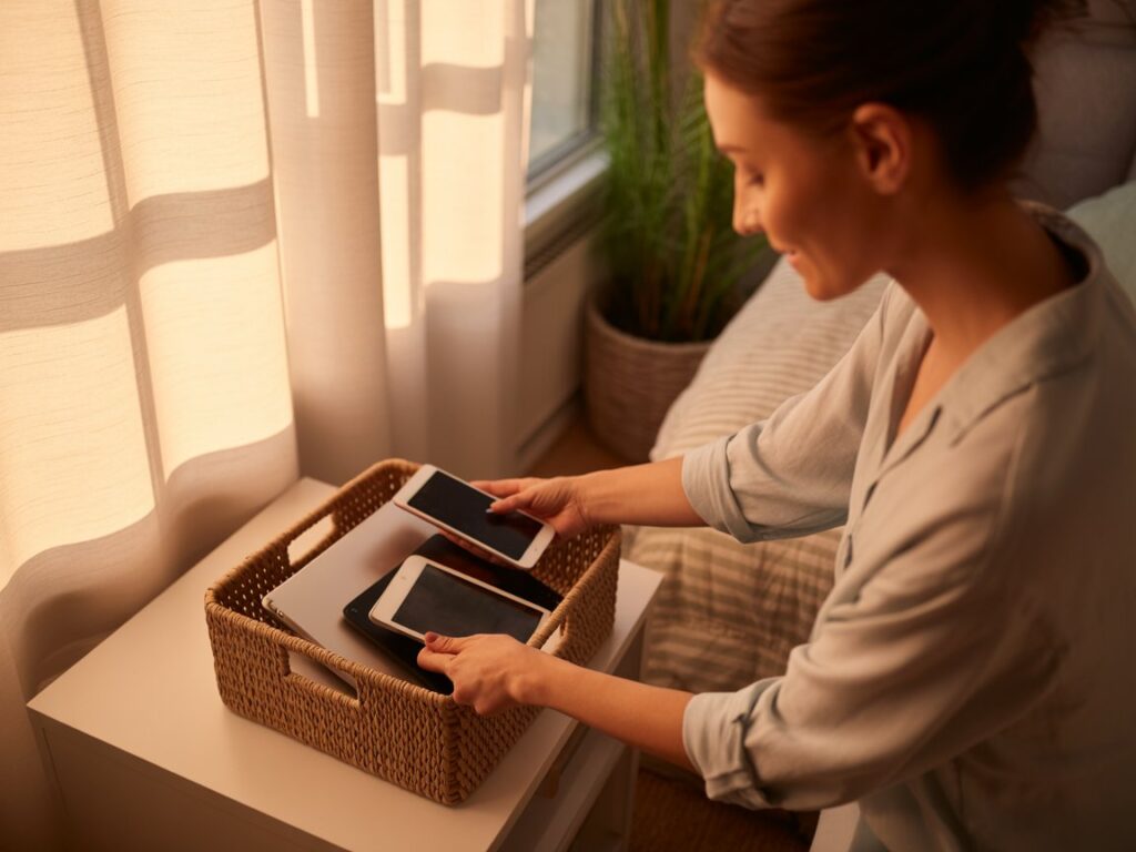 Person putting away digital devices for a tech timeout as part of self-care after work