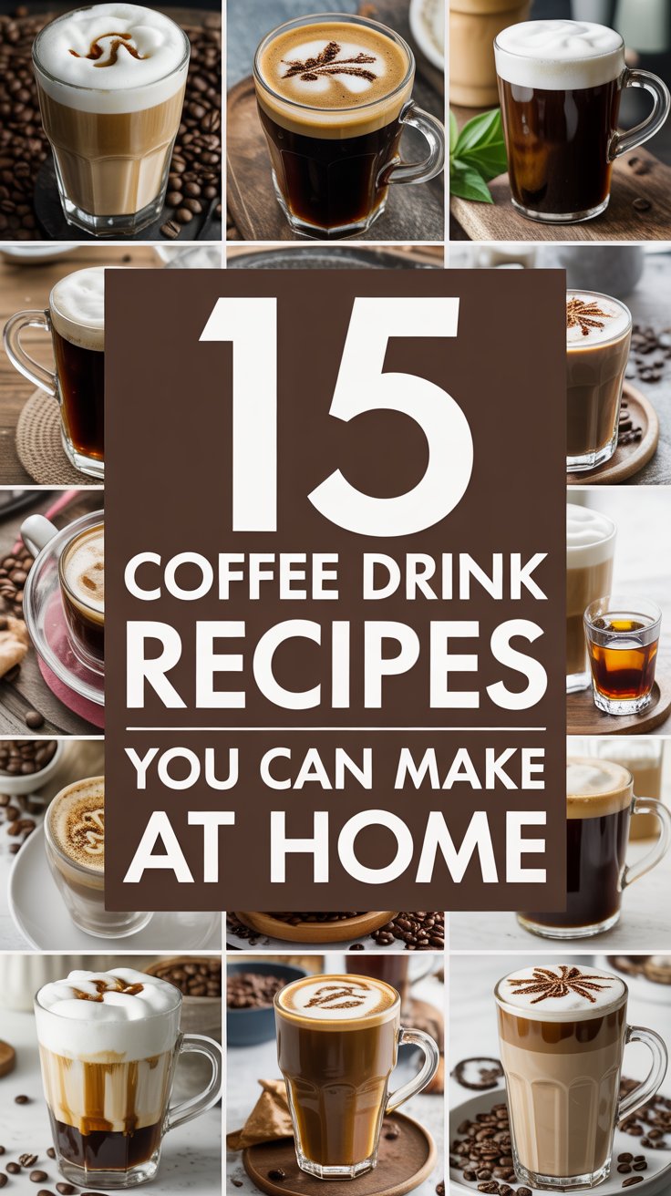 Collage of 15 different homemade coffee drinks in clear mugs, featuring lattes, cappuccinos, and espresso with frothy milk and latte art, surrounding bold text that reads '15 Coffee Drink Recipes You Can Make at Home'.