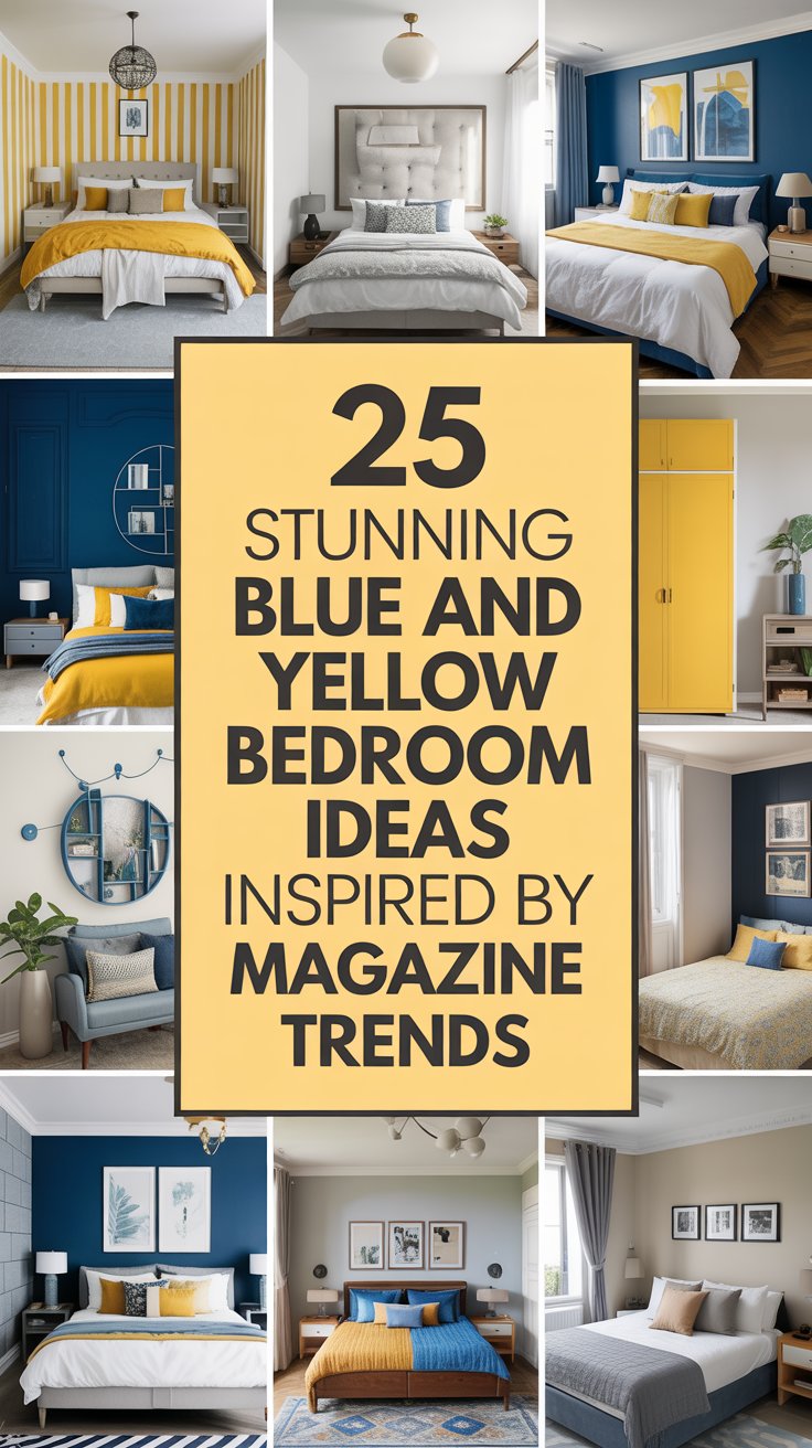A collage of blue and yellow bedrooms