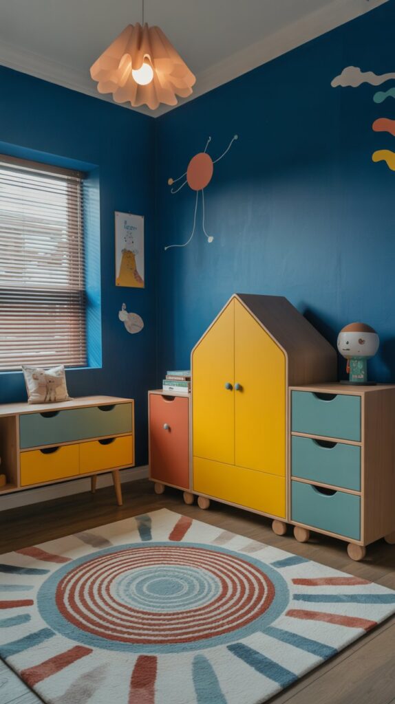 A colorful kids' room with blue walls and yellow furniture, featuring playful decor and a cozy rug.