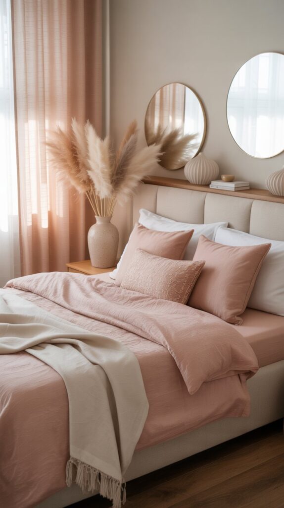 A cozy bed with blush pink bedding and white pillows, complemented by soft curtains and a decorative vase.